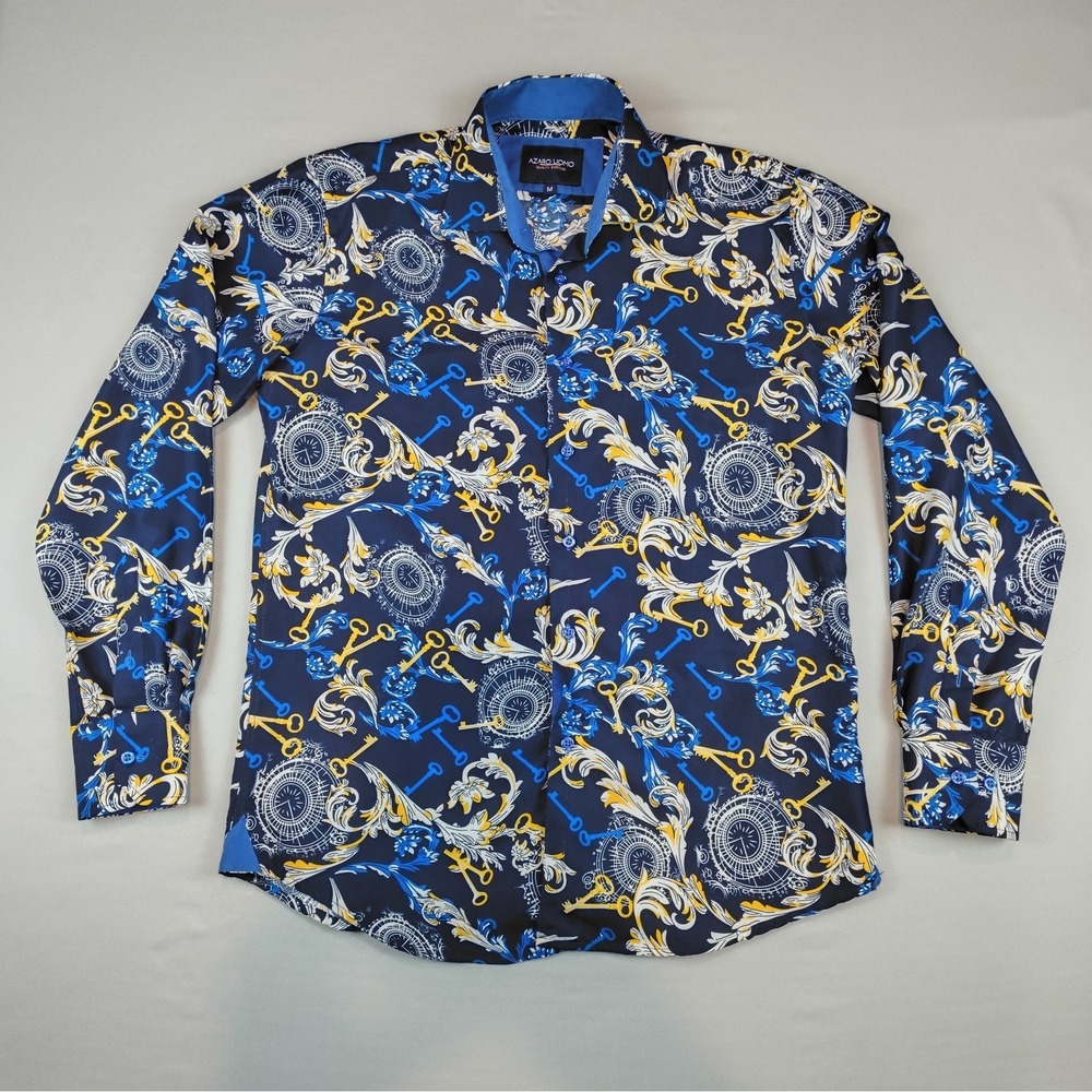 Azaro Uomo Men's M Button Down Shirt Blue Baroque Keys Blue Yellow Rayon Blend